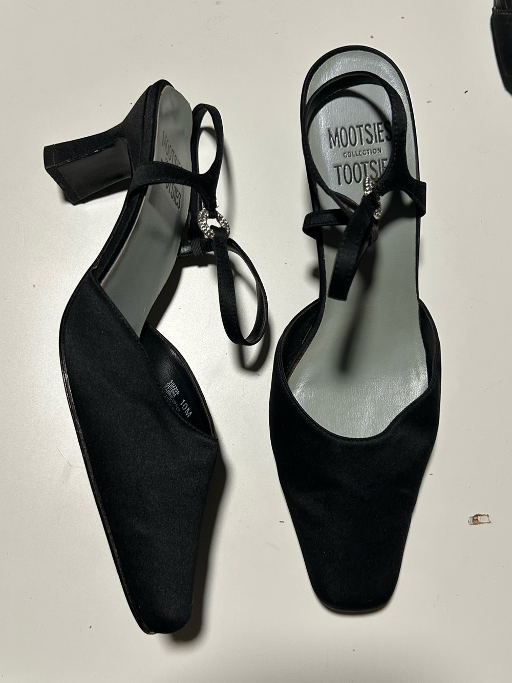 Mootsies Tootsies Black Satin Low Block Heel Slingback Pumps